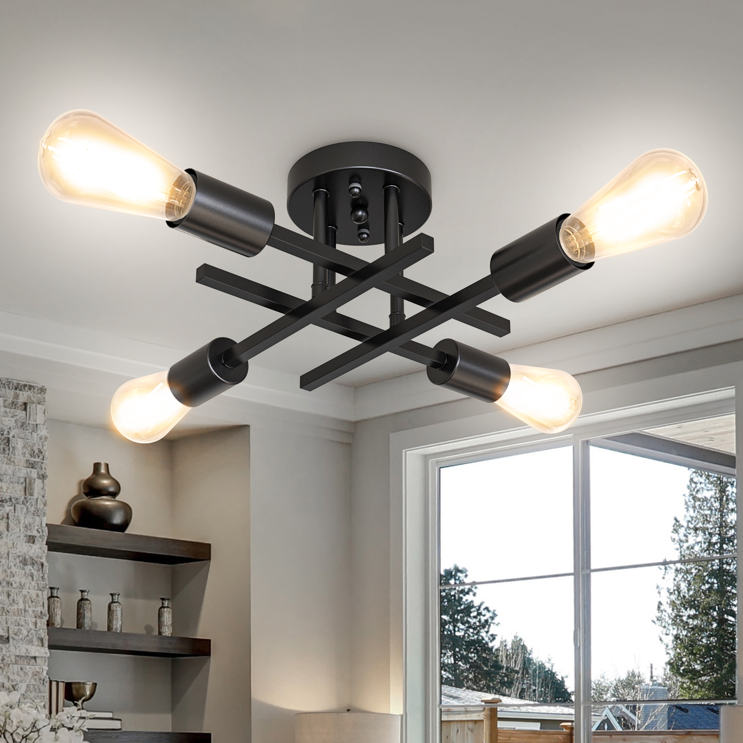 Sputnik Industrial Ceiling Light with ST64 Filament Bulbs, 3200 Lumens