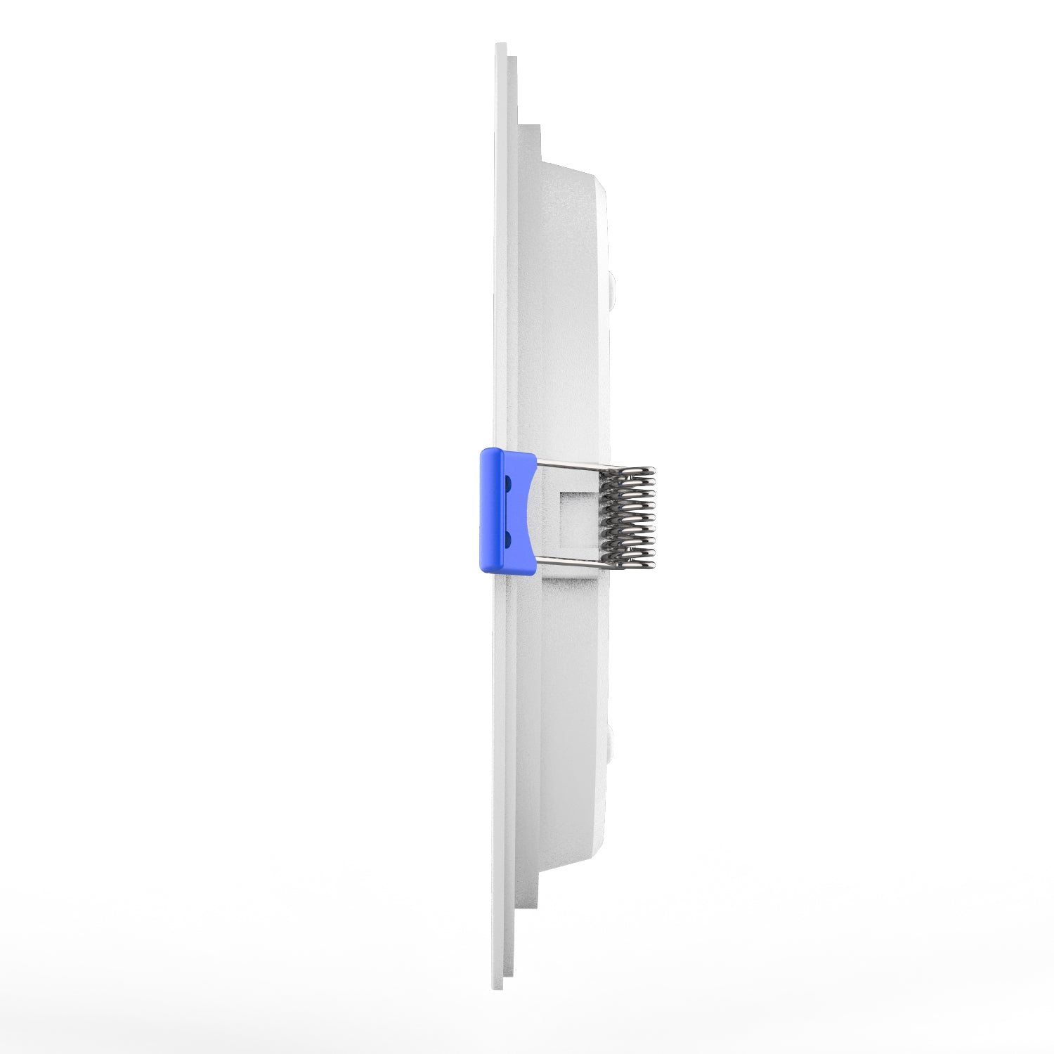 Here the Sunco Slim LED Downlight is seen on edge to show its thin profile. The spring-loaded clips are attached on opposite side to secure this fixture to your ceiling. The thin nature of this LED and the slim profile of the included junction box allows you to use this recessed light in narrow ceilings. Downlight can be dimmed from 100% to 10%.