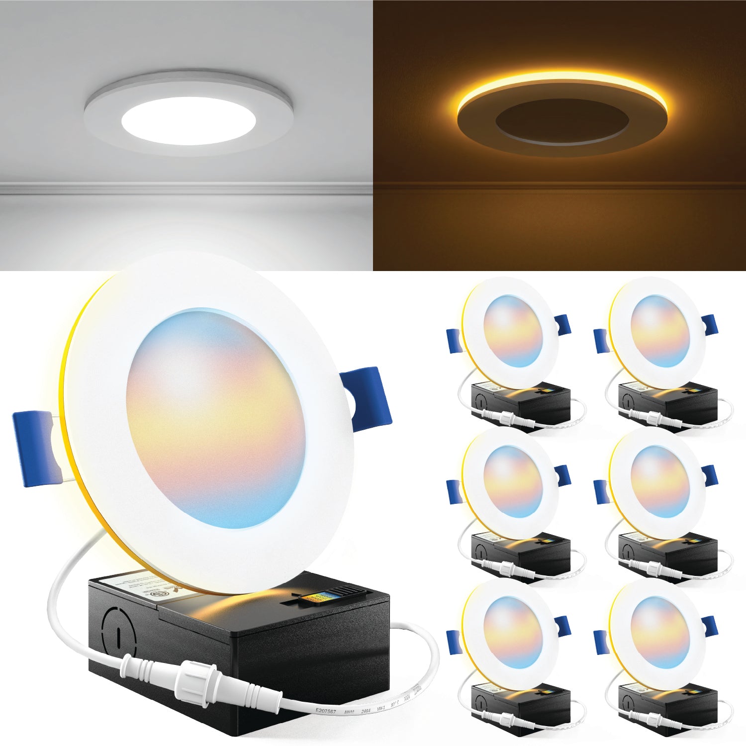 Recessed LED Lighting, 4 Inch, Slim, Wafer Thin, Night Light, Selectable CCT (2700K-6000K), 900 Lumens