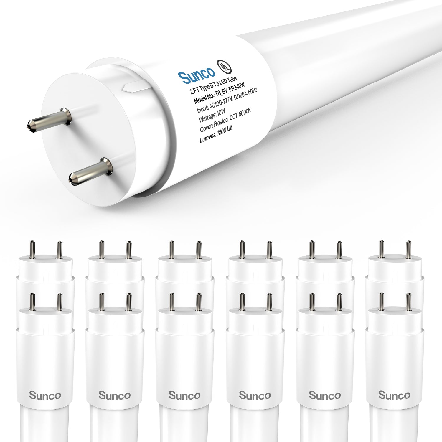T8 LED Tube, 2ft, Frosted Glass, Bypass, Type B, 10W, Single/Double Ended, 1200 Lumens