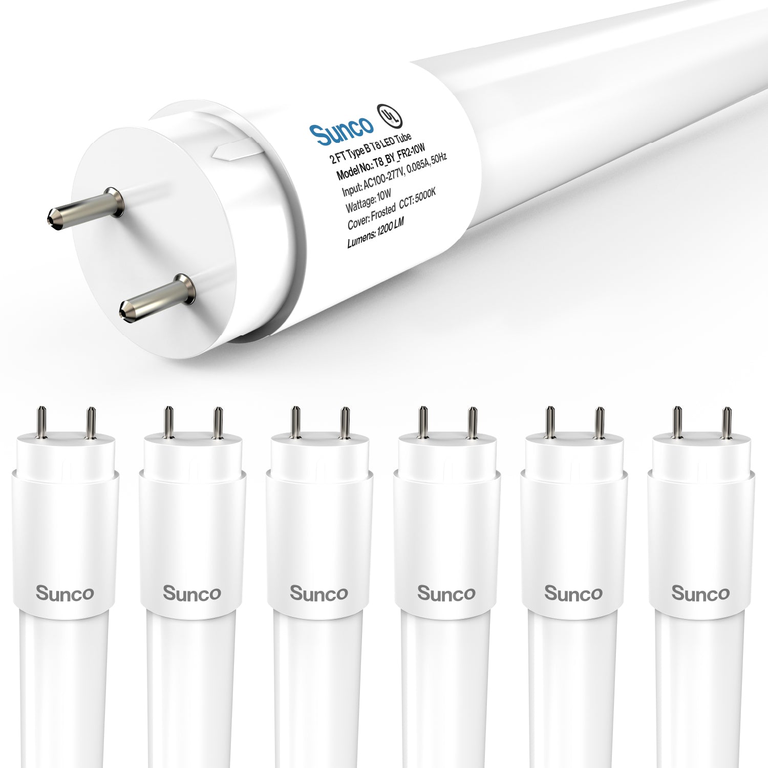 T8 LED Tube, 2ft, Frosted Glass, Bypass, Type B, 10W, Single/Double Ended, 1200 Lumens