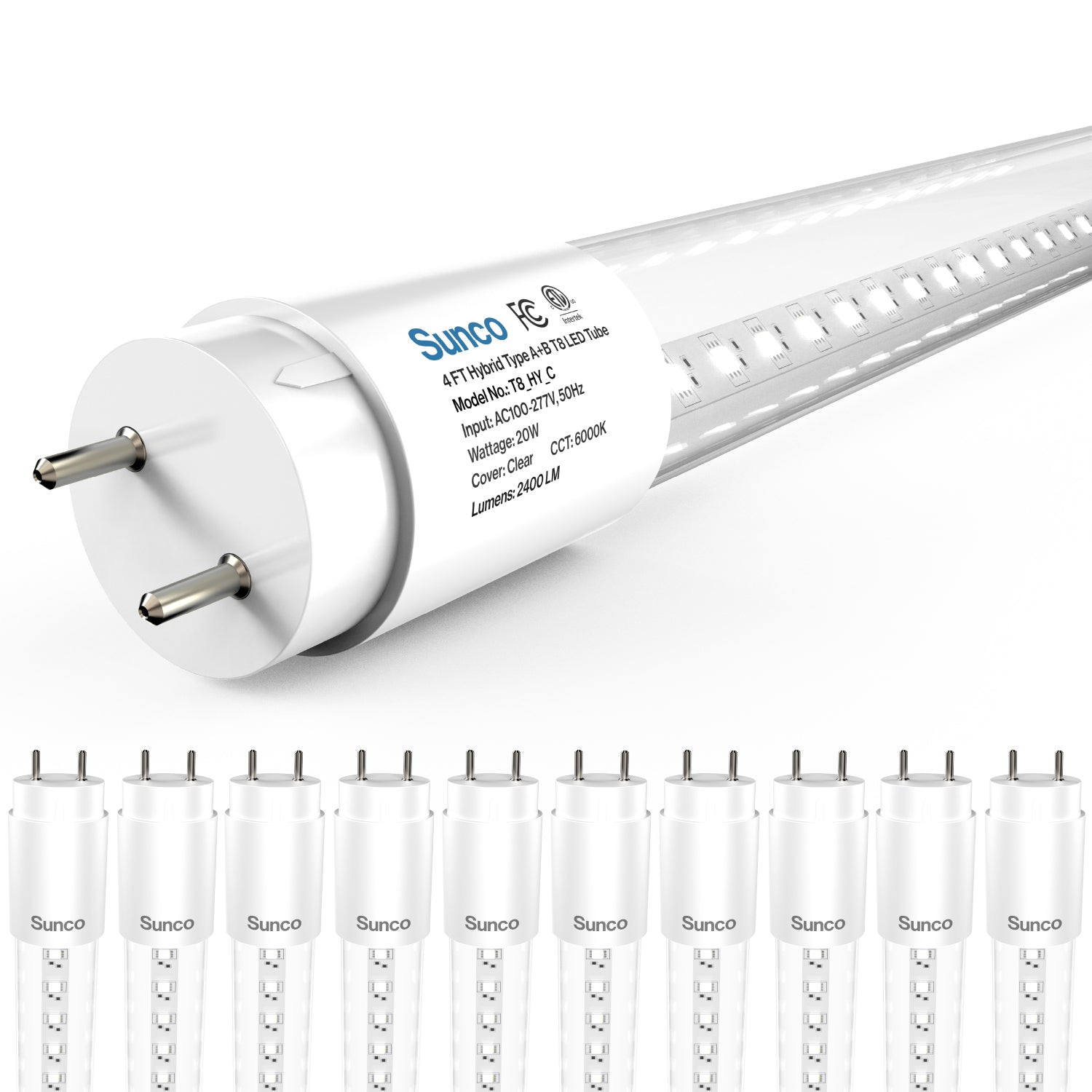 T8 LED Tube, 4ft, Clear, Plug & Play, Hybrid Type A+B, Single/Double Ended, 20W, 2400 Lumens