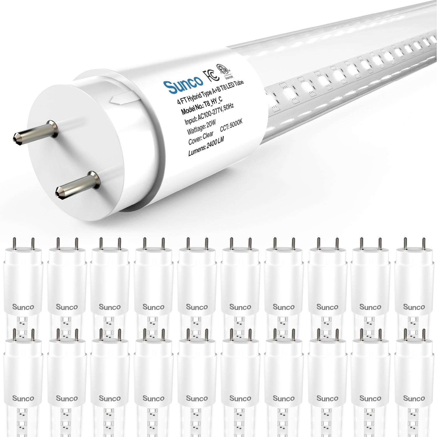 T8 LED Tube, 4ft, Clear, Plug & Play, Hybrid Type A+B, Single/Double Ended, 20W, 2400 Lumens