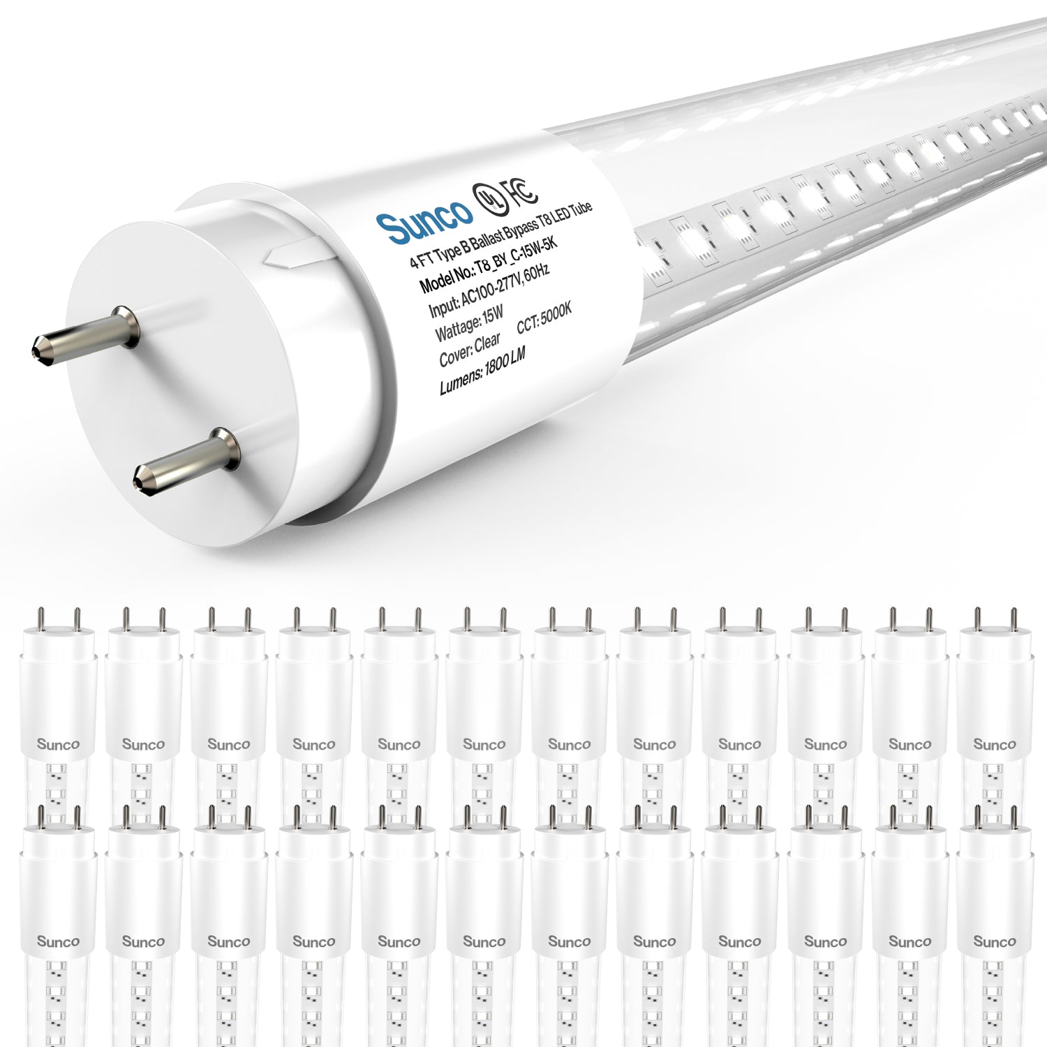 T8 LED Tube, 4ft, Clear, Bypass, Type B, 15W, Single/Double Ended, 1800 Lumens