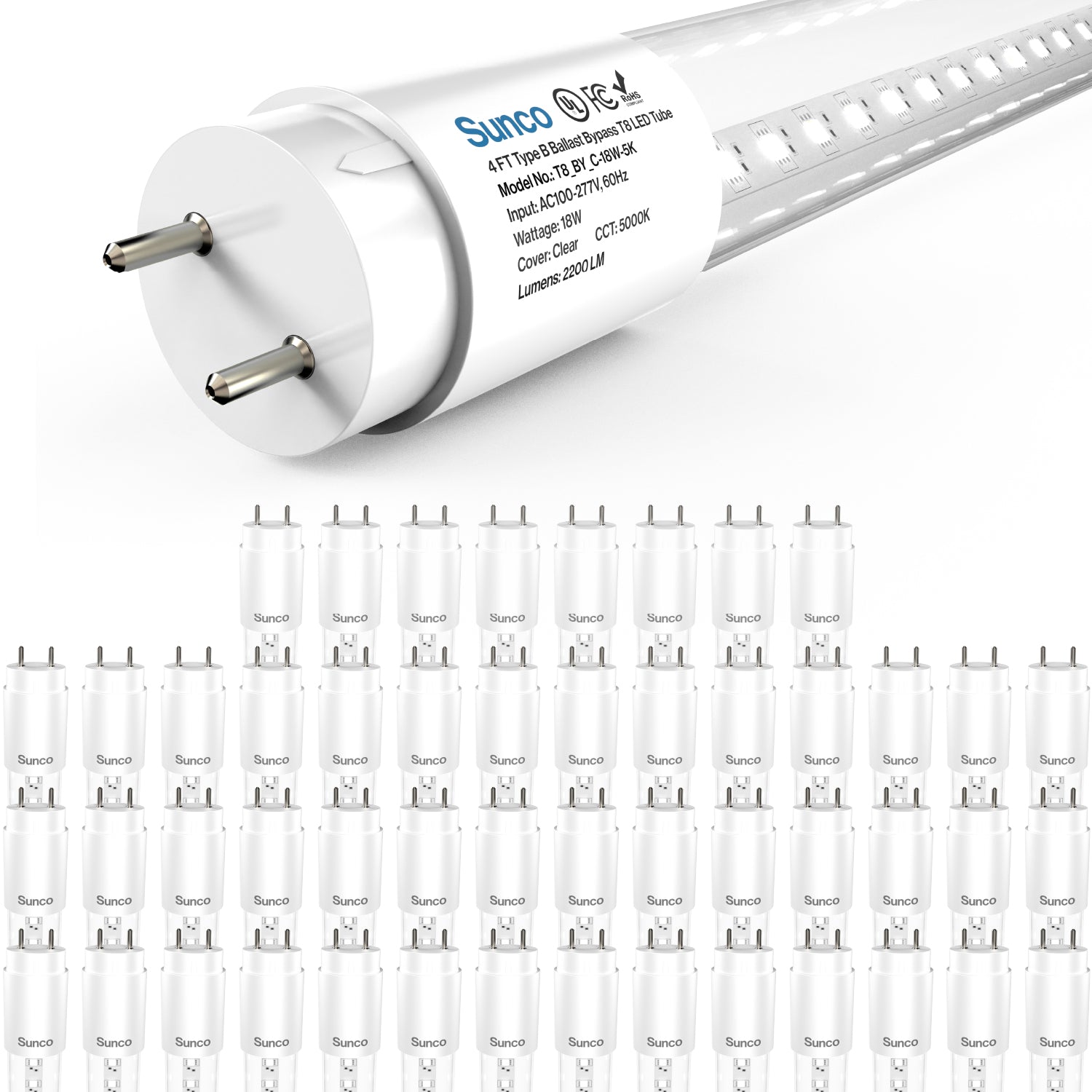 T8 LED Tube, 4ft, Clear, Bypass, Type B, 18W, Single/Double Ended, 2200 Lumens