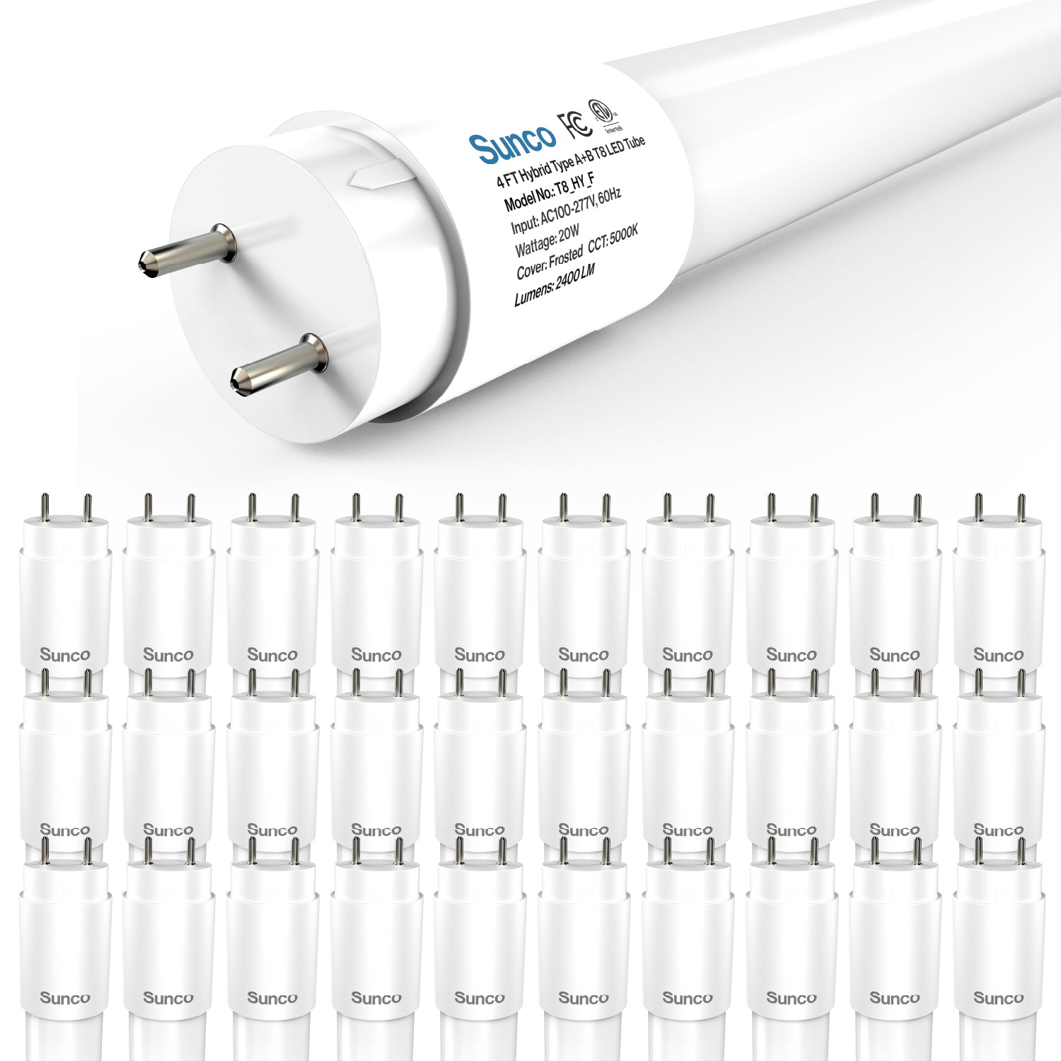 T8 LED Tube, 4ft, Frosted, Plug & Play, Hybrid Type A+B, Single/Double Ended, 20W, 2400 Lumens