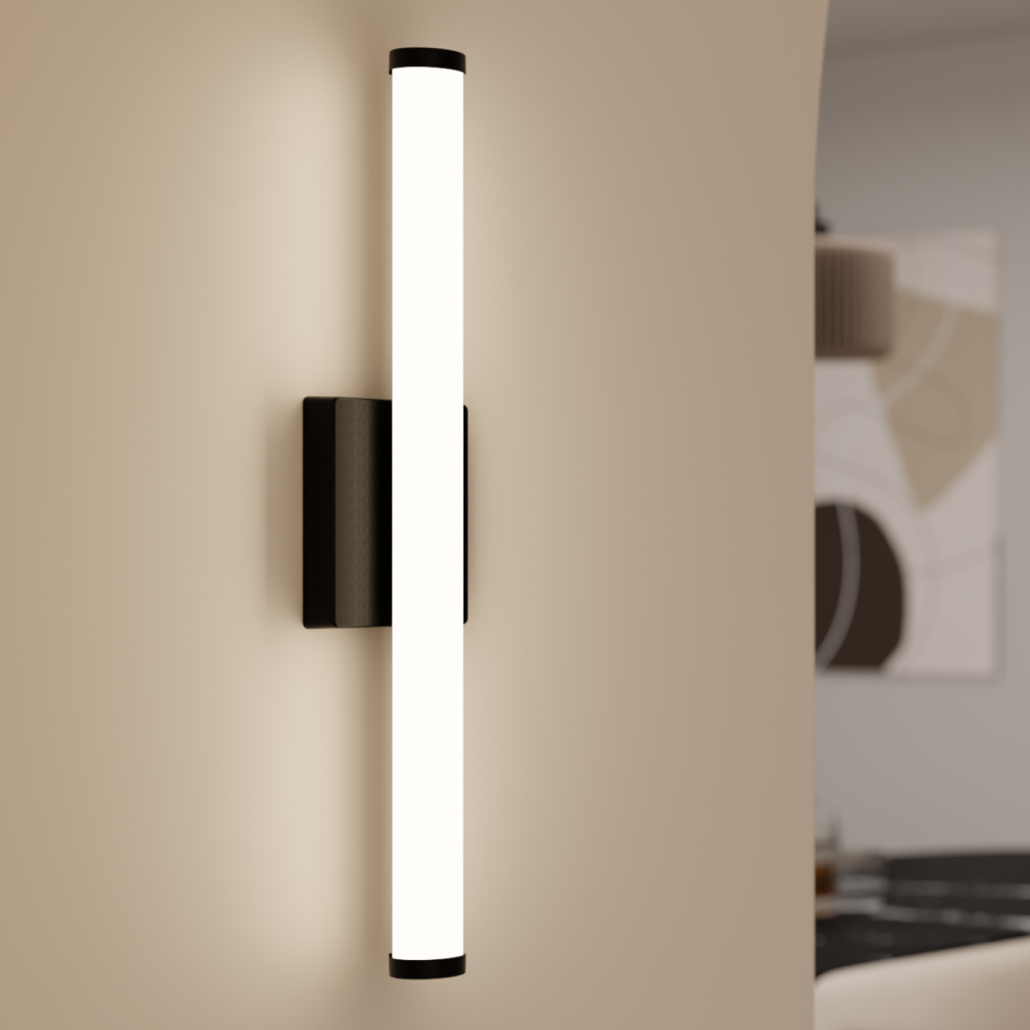 Sunco cylinder black vanity light is 24" long and 2" in diameter. 22W, Black, Selectable CCT, 1650 Lumens
