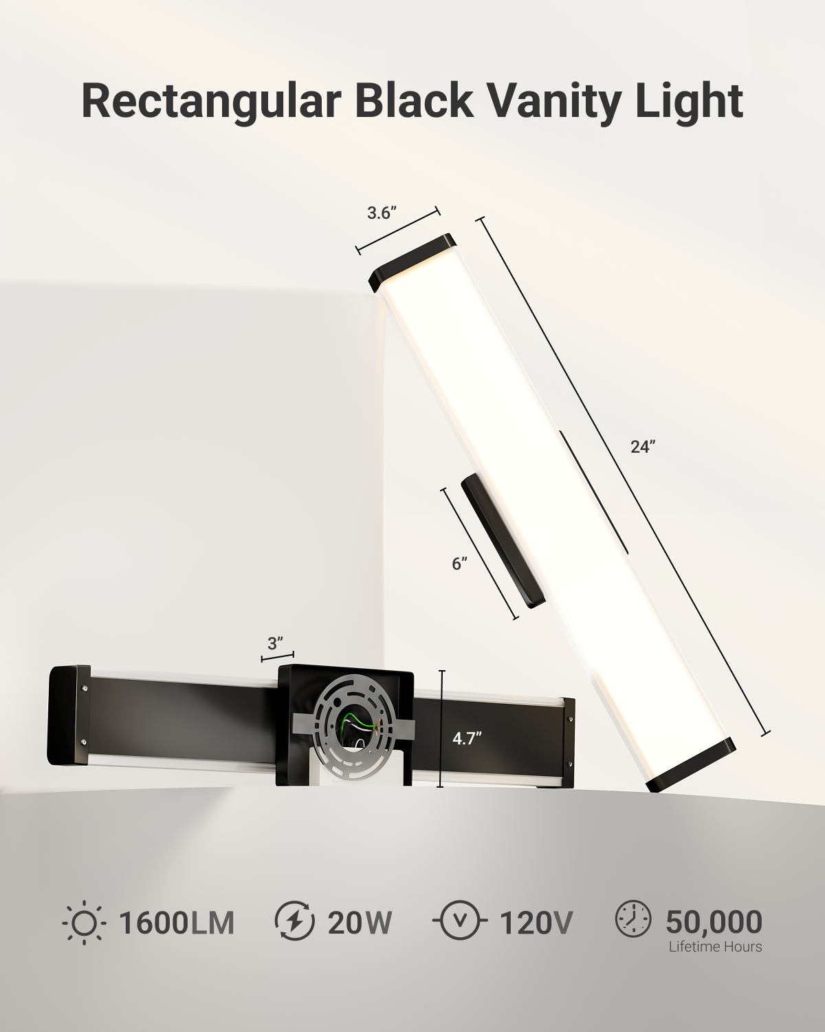 Sunco Black rectangular vanity light is 24 inches long with a width of 3.6 inches. Mounting bracket is 6 inches long.