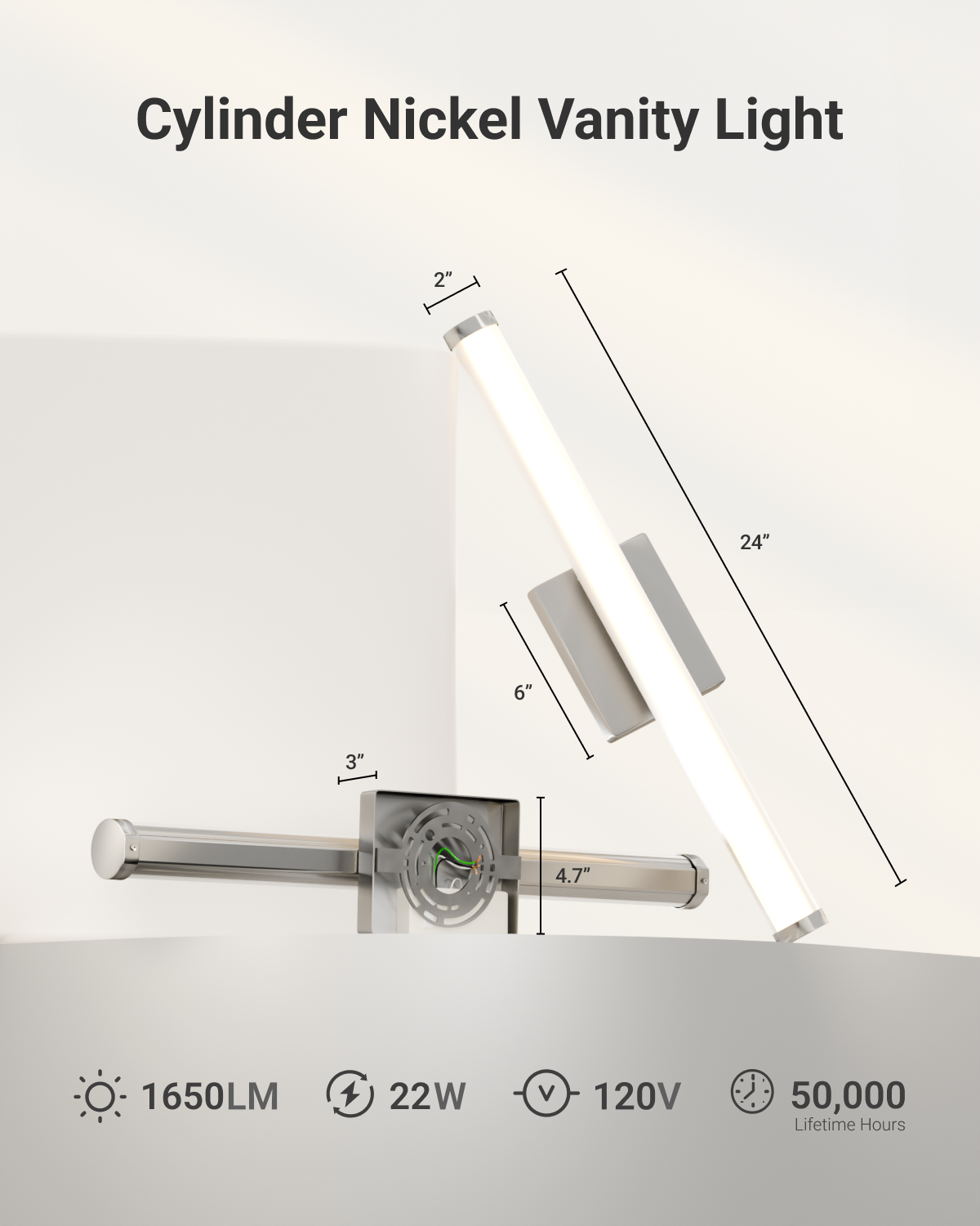 Sunco Cylinder Vanity Light is 24" long and 2" wide.