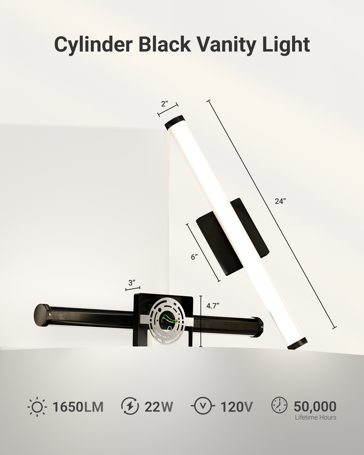 Sunco cylinder black vanity light is 24" long and 2" in diameter. 22W, Black, Selectable CCT, 1650 Lumens