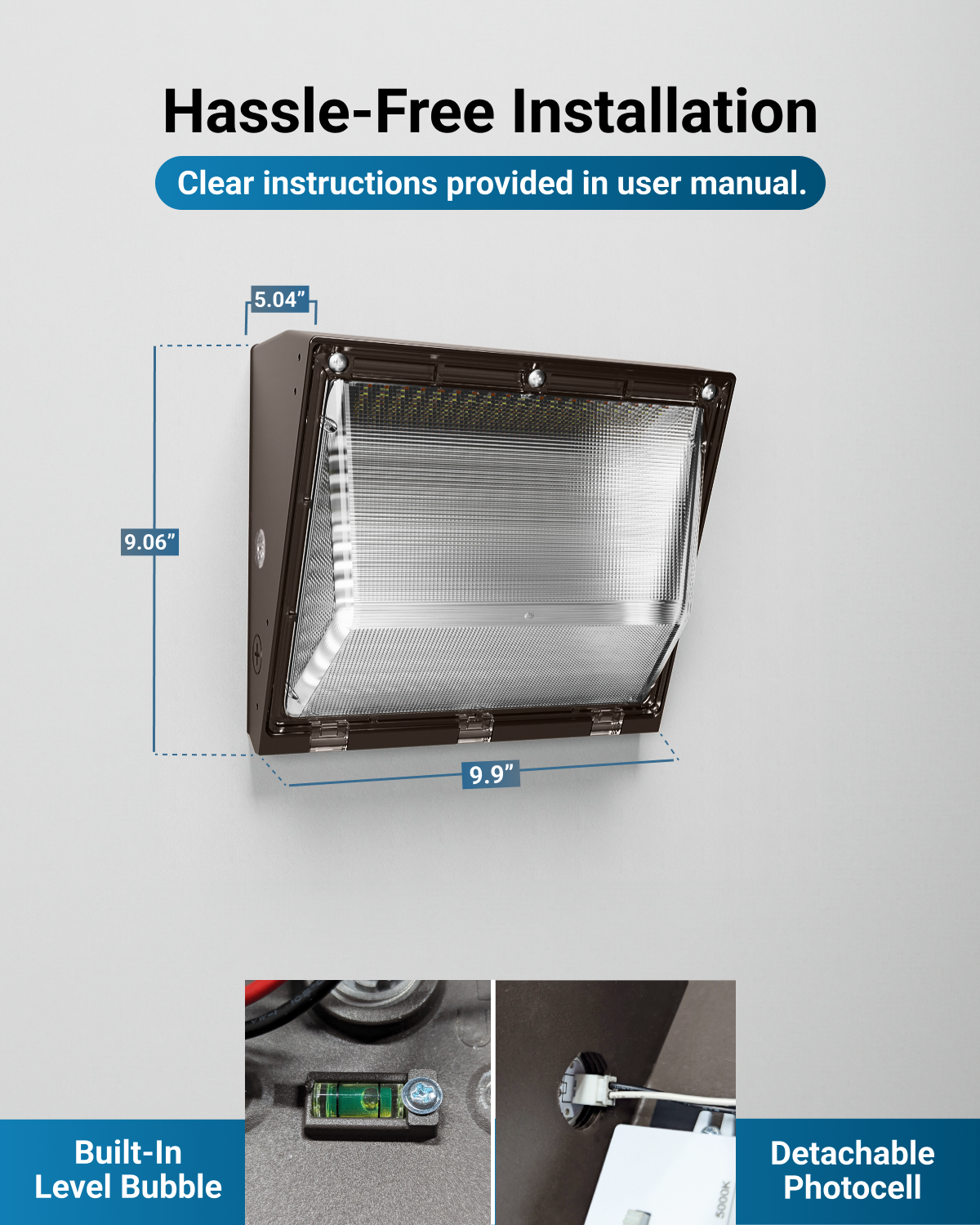 The fixture is designed for hassle-free installation, with pre-wired connections and mounting hardware included for fast setup.