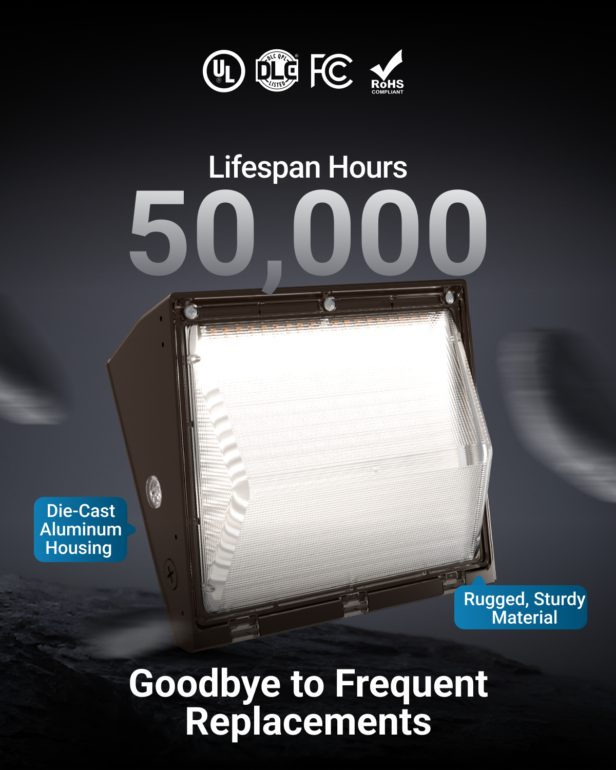 17-year/50,000-hour rated life is based on engineering testing and probability analysis where light is used for 8 hours per day, 7 days a week.
