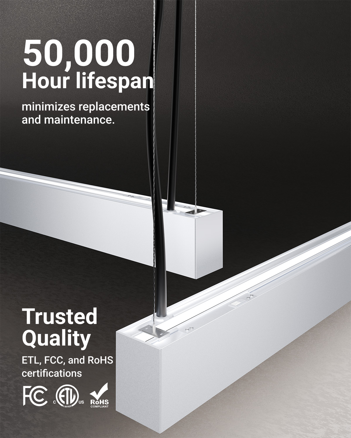 With a 50,000-hour lifetime and durable frame, this fixture will provide beautiful light for many years to come.