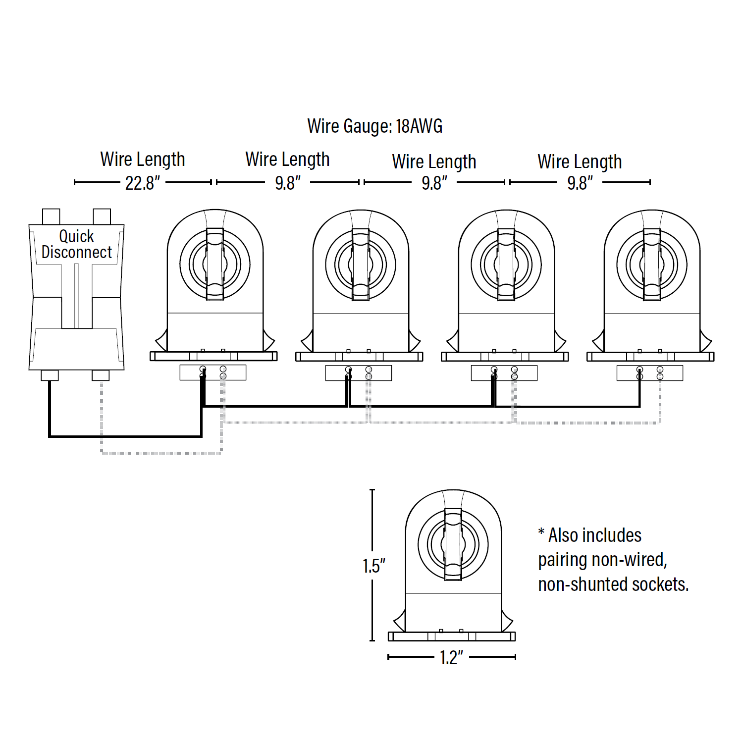 Wiring Harness for Single-End, Non-Shunted Tombstones, T8/T12 Socket