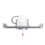 This 4-inch recessed can for new construction offers a slim profile, IC rating, TP24 connector, J-box, and adjustable hangars. The hangars work in both joist type ceilings and suspended ceilings. This recessed can accepts an 18W bulb maximum. It has an airtight design that meets ASTM standard E283-04 and keeps A/C and heating moisture from leaking through the housing. Safely use insulation near the IC rated can in an overhead joist space or ceiling crawl space.