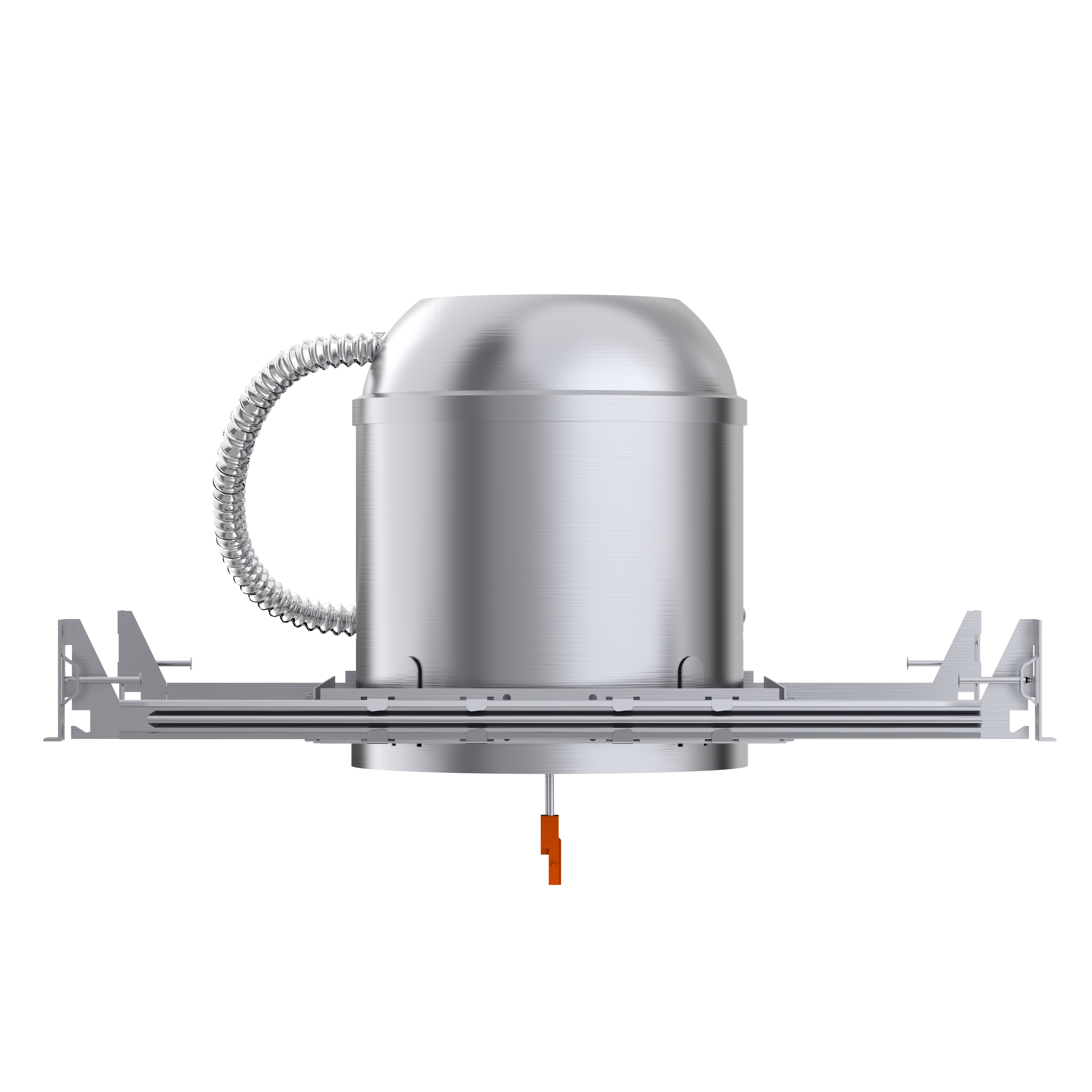 Side view of the Sunco 6-inch Recessed Can for New Construction shows off the adjustable hangars with airtight housing, flexible conduit and TP24 connector. The junction box is included behind the recessed can for your convenience. This unit easily installs in wooden joists or suspended ceilings. Accepts 24W retrofit LED downlights.