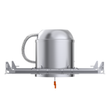 Side view of the Sunco 6-inch Recessed Can for New Construction shows off the adjustable hangars with airtight housing, flexible conduit and TP24 connector. The junction box is included behind the recessed can for your convenience. This unit easily installs in wooden joists or suspended ceilings. Accepts 24W retrofit LED downlights.