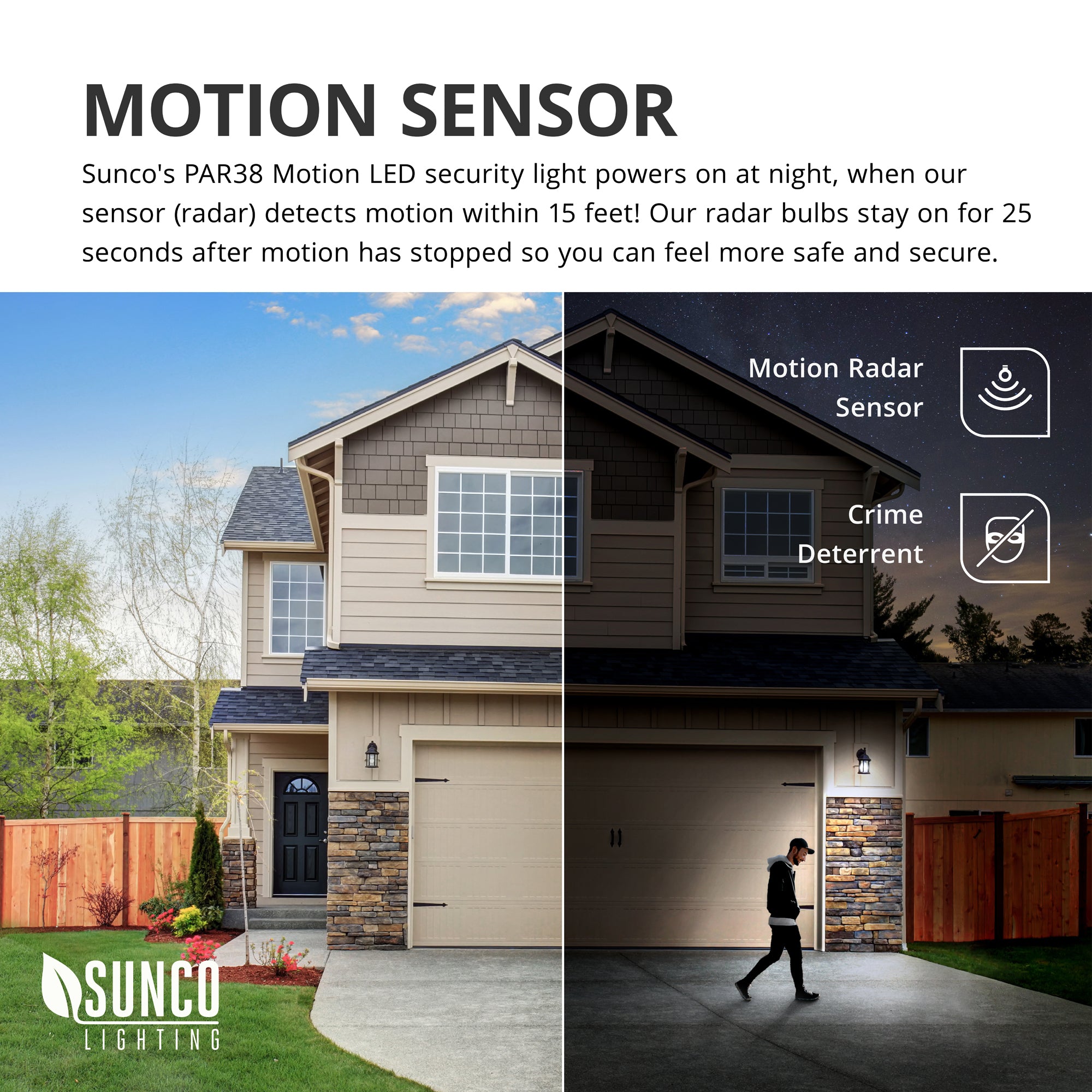 Motion Radar Sensor is included on this PAR38 LED Bulb. These security lights turn on at night when our radar sensor detects motion within 15 feet. Our radar bulbs stay on for 25 seconds after motion has stopped so you can feel more safe and secure. It is a crime deterrent since the light will turn on and reveal the source of motion. Image shows a man within range of the motion sensor on the driveway. The light is on.