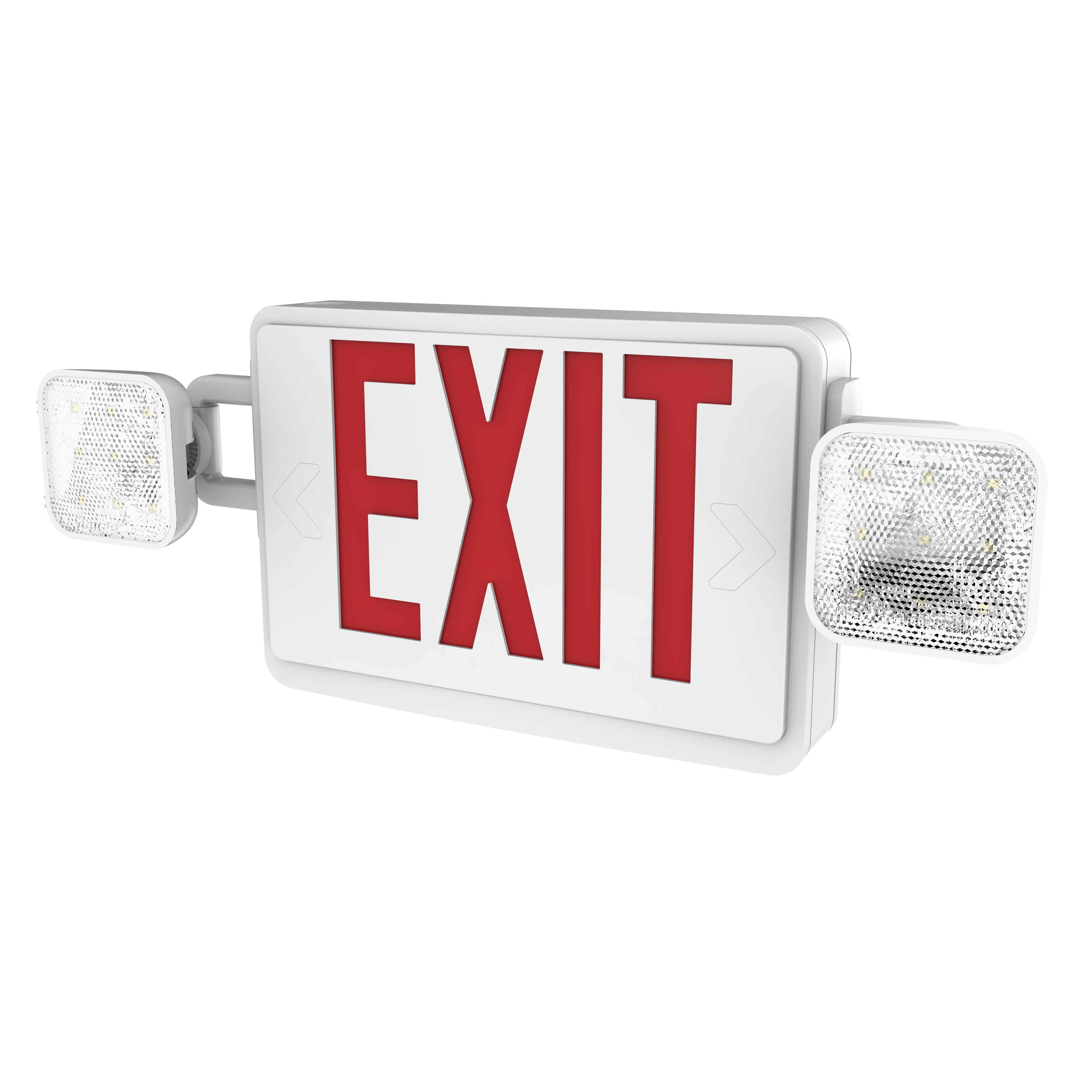 The Sunco 2 Head LED Exit Sign, shown here at an angle so you can see the adjustable LED heads with their bright, LED light on either side of the US Standard Red Letter signage. Easily pop out the knockouts to reveal directional arrows with the same, bright red. Exit sign is backlit with a fire resistant housing.