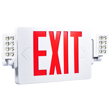 The Sunco 2 Head LED Exit Sign, shown here at an angle so you can see the adjustable LED heads with their bright, LED light on either side of the US Standard Red Letter signage. Easily pop out the knockouts to reveal directional arrows with the same, bright red. Exit sign is backlit with a fire resistant housing.