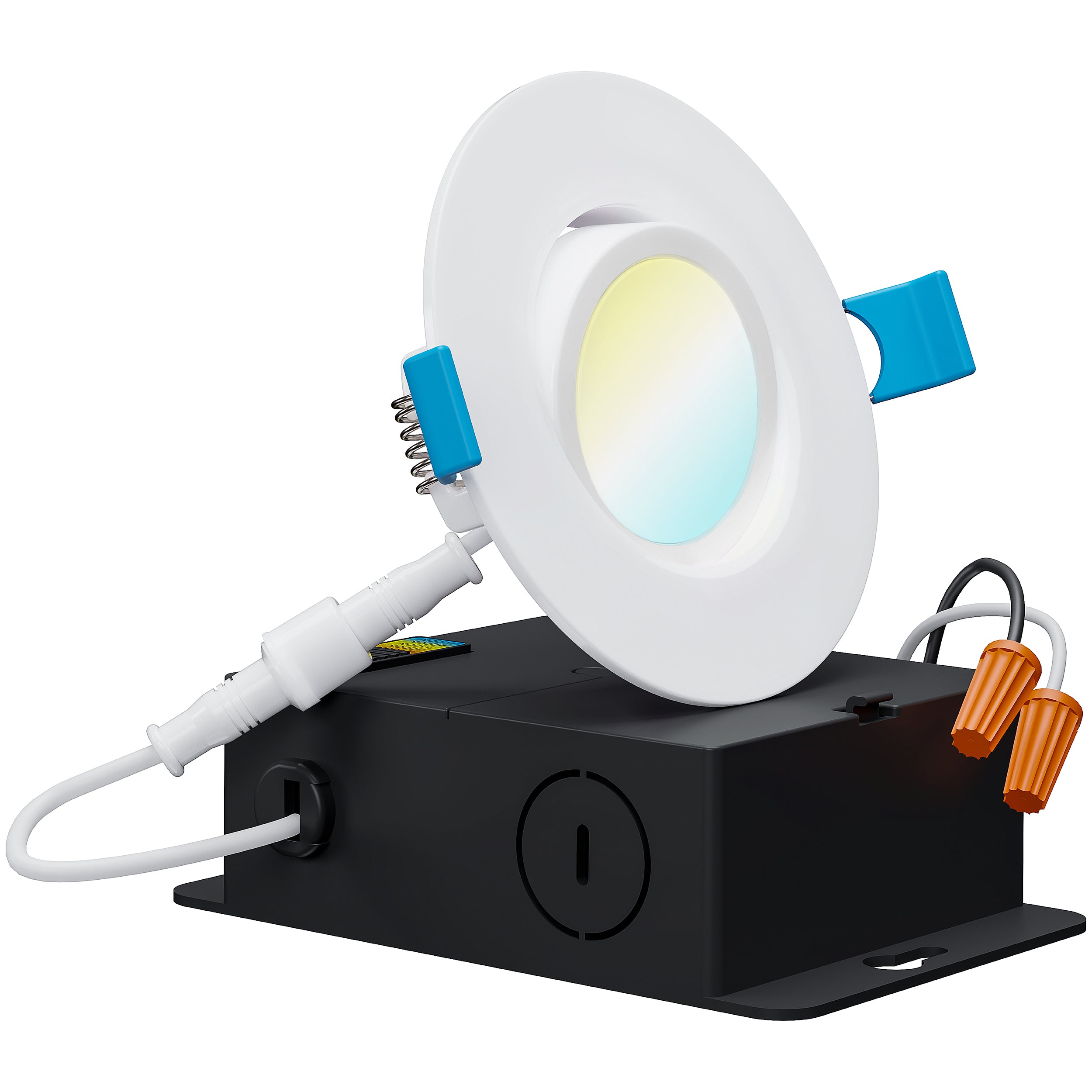 Select color temperature with the slider on the junction box during installation of this easy install, instant on, Slim Gimbal recessed light with j-box. This adjustable downlight features a gimbal optic with a 35-degrees tilt and a full 360-degree swivel to adjust the light position. The spring clips secure this thin profile downlight to the ceiling. Choose color temperature (2700K, 3000K, 3500K, 4000K, 5000K) on this eyeball light to tune the light to the white light you need for each space.