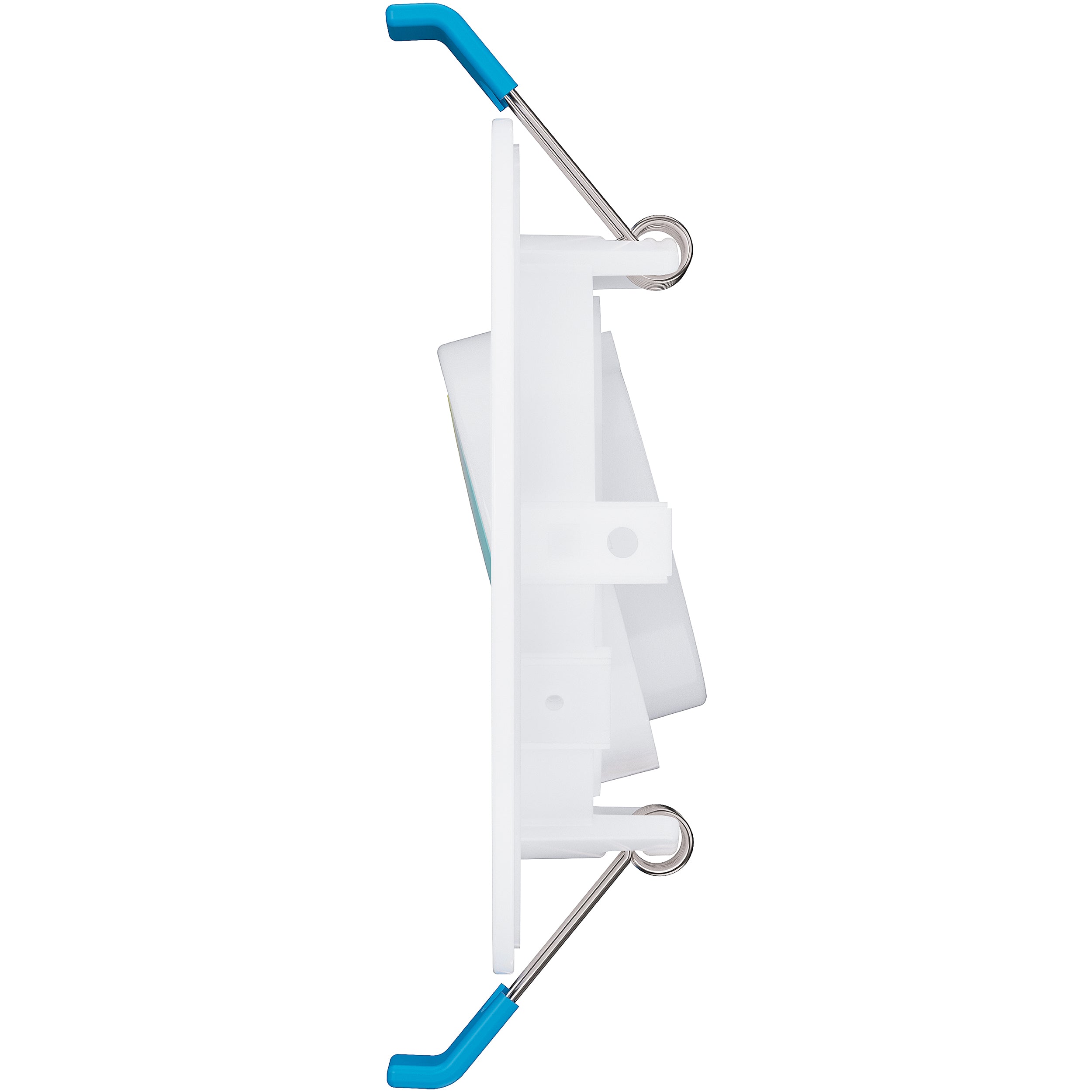 Seen on edge, the IC Rated Slim Gimbal with flexible optic is shown here without the included junction box and cabling. You can clearly note the spring clips that hold this thin profile ceiling light in position. The gimbal is adjustable to aim the light where you need it. Choose color temperature from 5 selections of white light with the slider on the junction box (not pictured here). This 3-inch wide downlight is quickly installed in the ceiling and offers instant on, dimmable downlight.