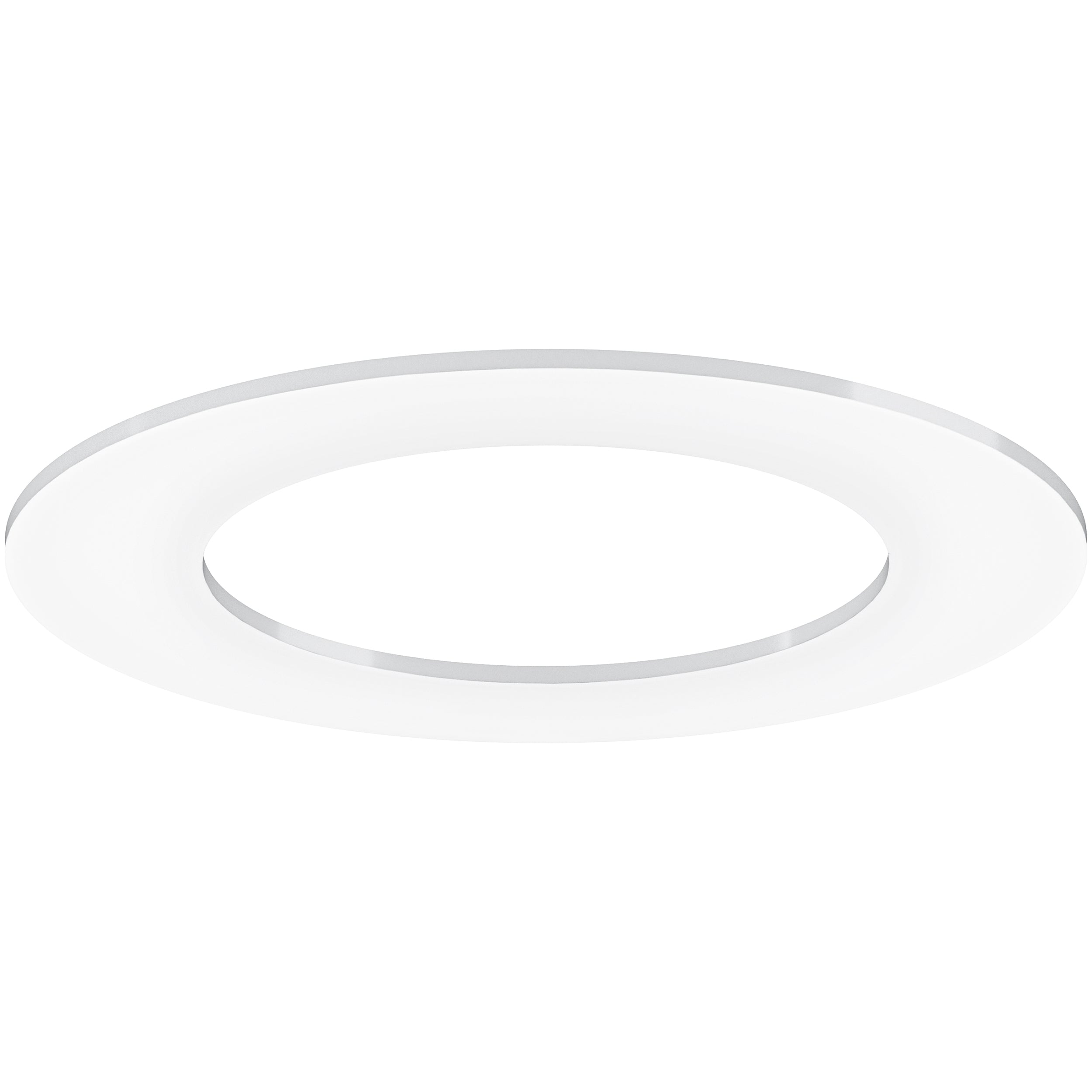 The Sunco Lighting Goof Ring hides ceiling holes that were cut too big and messy ceiling trim around your recessed lights, ceiling fixtures, and ceiling fans. It also fits on a pendant light canopy. It is simple to install. Just slip it between the light (or fan or canopy) and the ceiling. The trim overlay can then hide unsightly gaps in your ceiling. With a matte finish and a thin profile, this goof ring fits 4-inch recessed lighting or ceiling fans. Image shows Goof Ring seen from below.