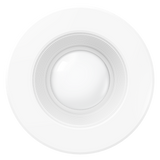 This image shows the 5/6-inch retrofit downlight seen from below. The wide exterior trim and baffle trim surrounds the LED lens in the center. The evenly spaced baffle trim helps minimize glare and provide a softer light quality. This 1050lm light fixture has a long life with 35,000 lifetime hours. It is a 13W LED with a 75W equivalency.