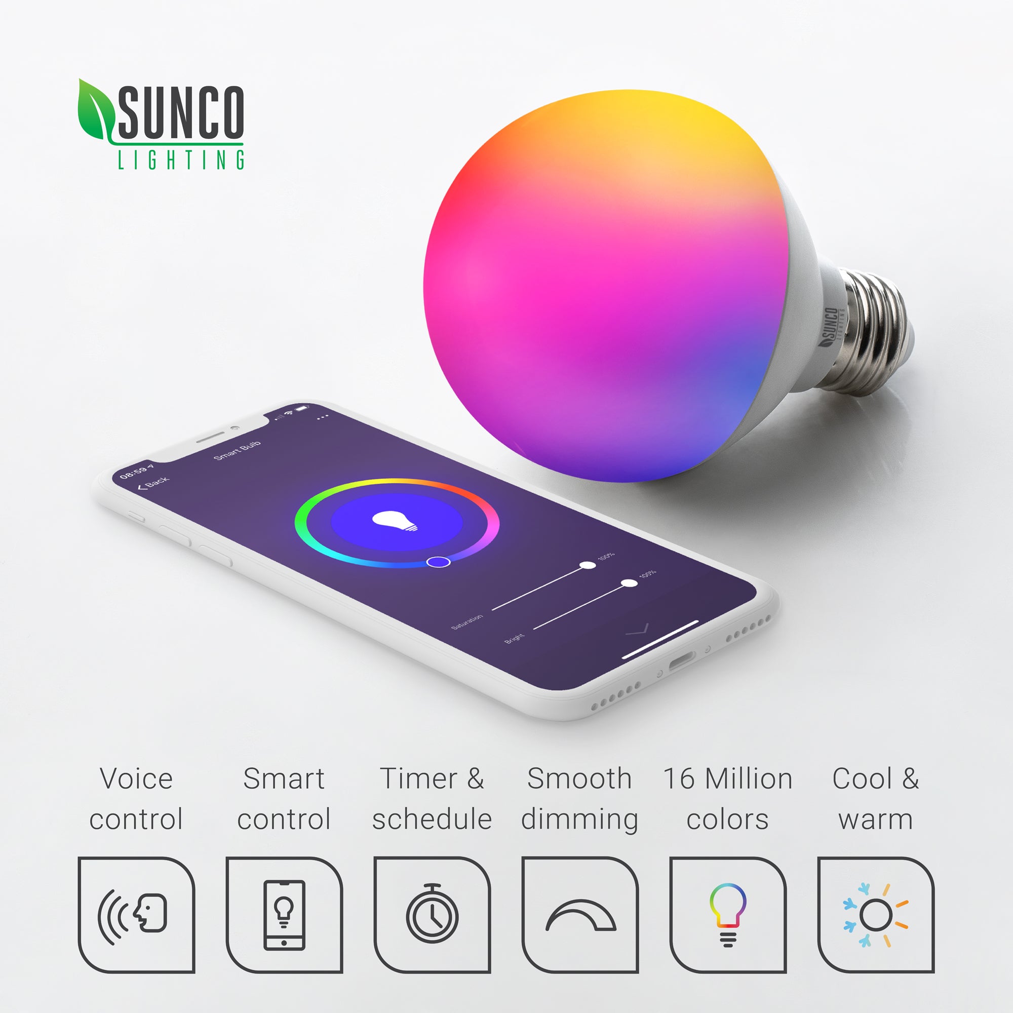 Sunco Lighting Smart Bulbs feature a simple app with smart control from your compatible smart phone or smart device, along with voice control for Amazon Alexa or Google Home. The adjustable settings on this light bulb via the app provide timer and schedule options, programmable scenes, smooth dimming, 16 million colors in an RGB color wheel and cool and warm light quality with selectable CCT color temperatures.