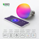 Sunco Lighting Smart Bulbs feature a simple app with smart control from your compatible smart phone or smart device, along with voice control for Amazon Alexa or Google Home. The adjustable settings on this light bulb via the app provide timer and schedule options, programmable scenes, smooth dimming, 16 million colors in an RGB color wheel and cool and warm light quality with selectable CCT color temperatures.