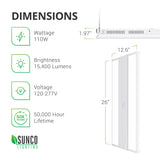 Dimensions of the Sunco 110W LED Linear High Bay. 26-inches long, 12.6-inches wide, 1.97-inches. Image shows the vents on the side of the fixture to allow for heat dissipation. Other technical specs: wattage 110W, brightness 15400 lumens, 100/277V, 50,000 hour lifespan. This LED linear high bay provides a streamlined, overhead area light that is fast to install and easily maintained. The LED is integrated so you won’t need to replace the bulb during the long lifetime of the light fixture.