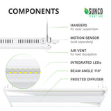Components of the 110W LED Linear High Bay. Image shows closeup of the light fixture with highlights of the Integrated LEDs, air vents for heat dissipation, V hook hangers for easy suspension on included hanging chains, and a frosted diffuser to soften harsh edge shadows. An optional motion sensor accessory is shown attached to the end of the high bay light fixture. This unit is sold separately. This hanging light fixture includes a wide beam angle 110-degrees.