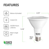 The Sunco PAR38 LED bulb with Motion Activation delivers instant on, bright light with a narrow, spot beam angle of 40-degrees. It is available in 5000K daylight for a sunlight quality that turns on when the sensor detects motion. With a 25,000 hour lifespan, this automated security light requires no timer and will perform for years to come due to its long life expectancy.