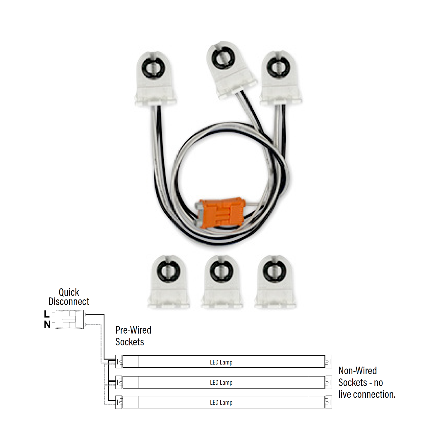 Wiring Harness for Single-End, Non-Shunted Tombstones, T8/T12 Socket