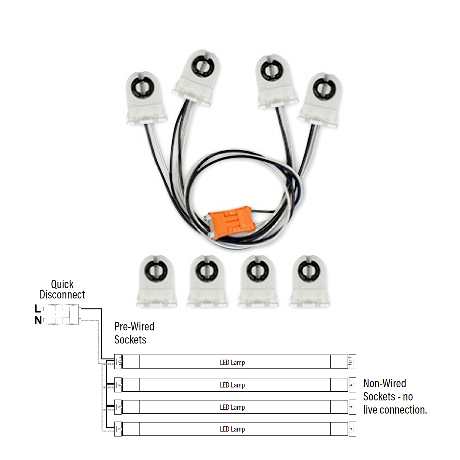 Wiring Harness for Single-End, Non-Shunted Tombstones, T8/T12 Socket