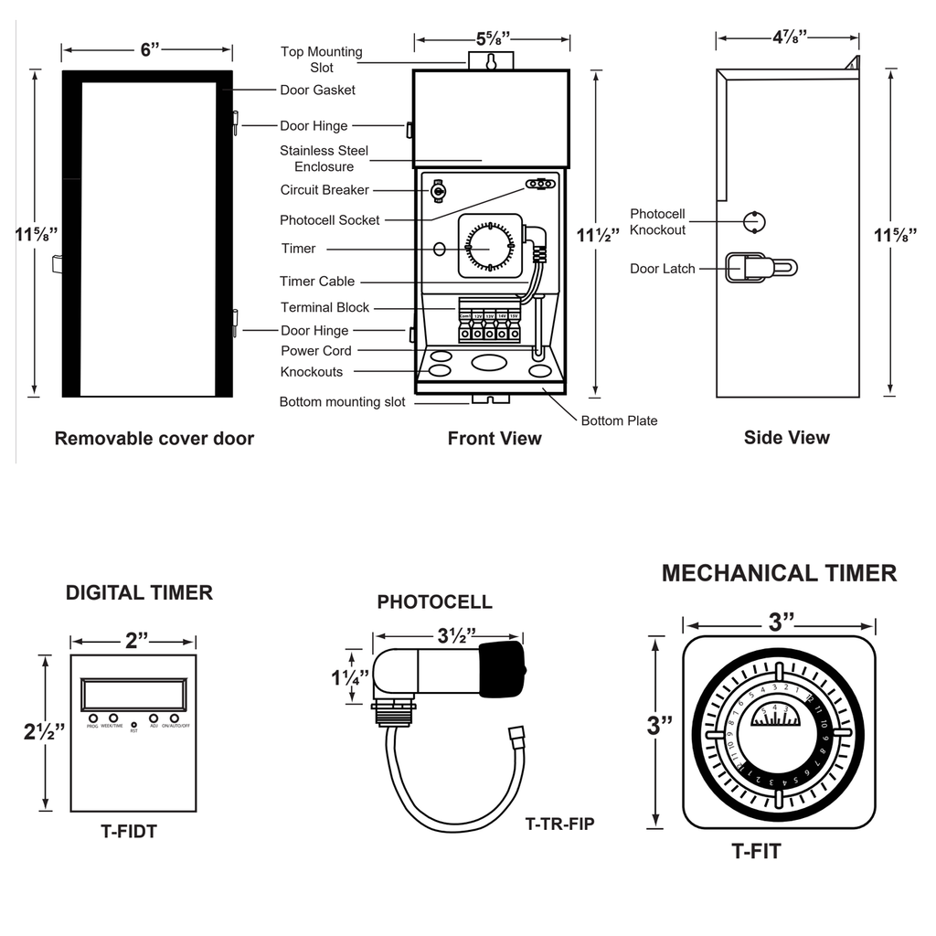 Black and white technical schematic diagram showing front, side, and rear views of a stove or water heater with labeled dimensions and callouts, plus separate views for digital timer and mechanical timer.