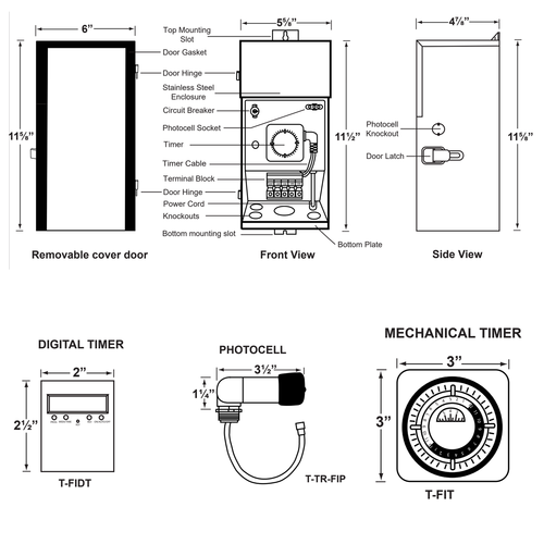 Black and white technical schematic diagram showing front, side, and rear views of a stove or water heater with labeled dimensions and callouts, plus separate views for digital timer and mechanical timer.