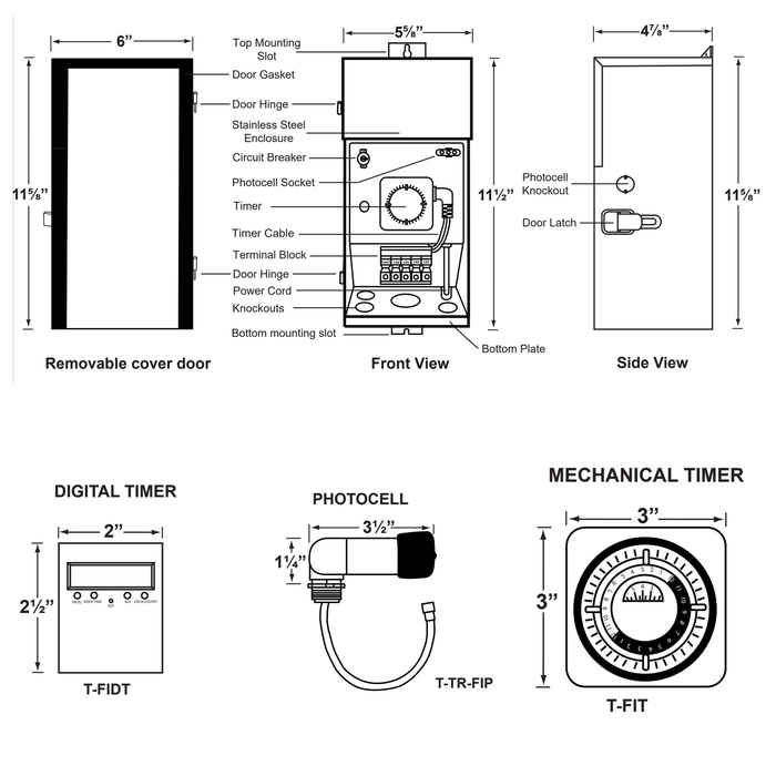 Black and white technical schematic diagram showing front, side, and rear views of a stove or water heater with labeled dimensions and callouts, plus separate views for digital timer and mechanical timer.