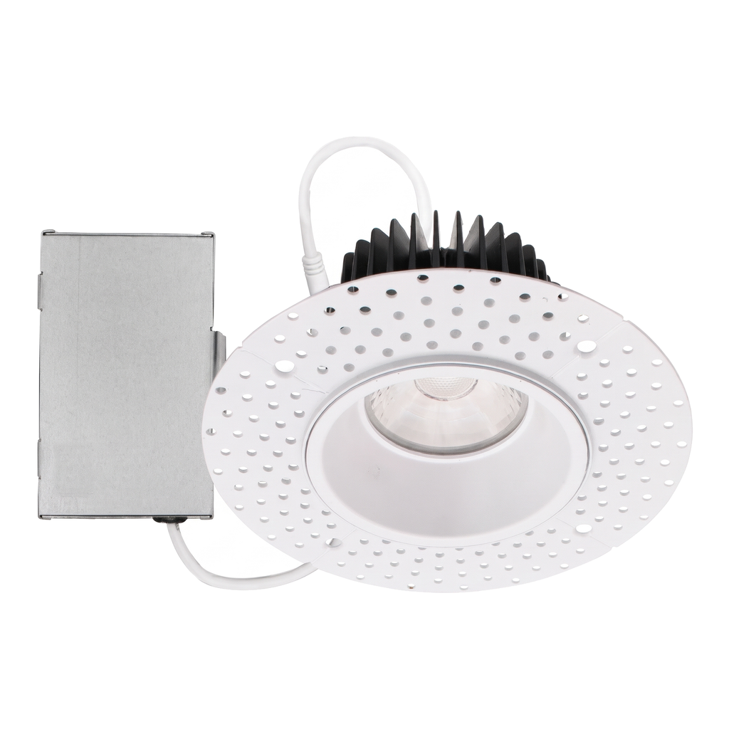 White round trimless recessed downlight with plaster-in flange and junction box
