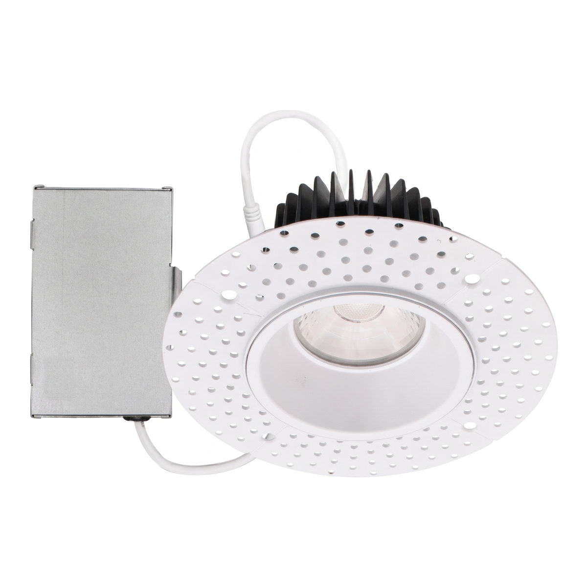 White round trimless recessed downlight with plaster-in flange and junction box