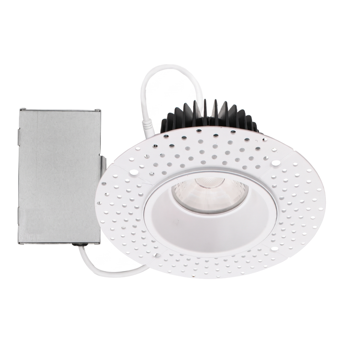 White round trimless recessed downlight with plaster-in flange and junction box