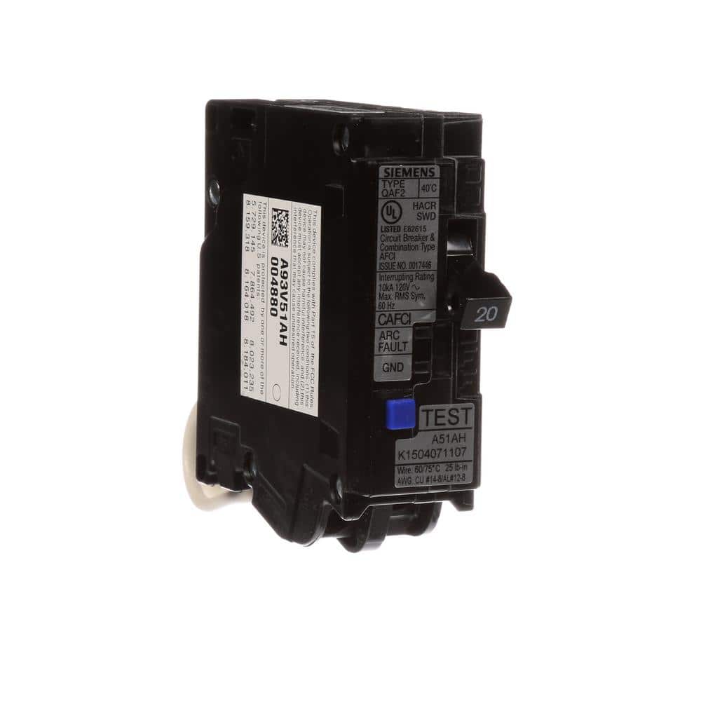 Siemens 1-Pole Combination AFCI Circuit Breaker, model QA120AFCP, product label detail, image 5