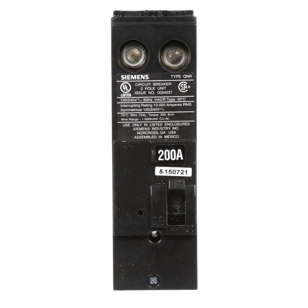 Siemens 200 Amp 2-Pole 10kA Type QN Reverse Handle Main Breaker, model QN2200R, product label detail, image 1