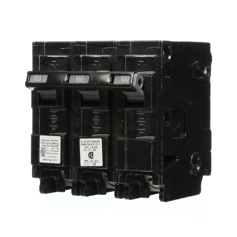 Siemens 100 Amp 3-Pole Type HQP 65kA Circuit Breaker, model Q3100HH, product label detail, image 1