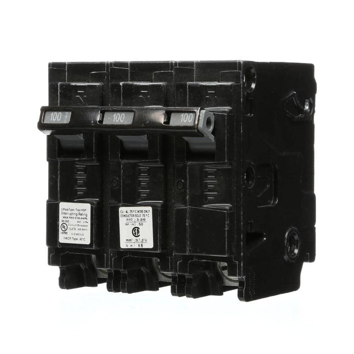Siemens 100 Amp 3-Pole Type HQP 65kA Circuit Breaker, model Q3100HH, product label detail, image 1