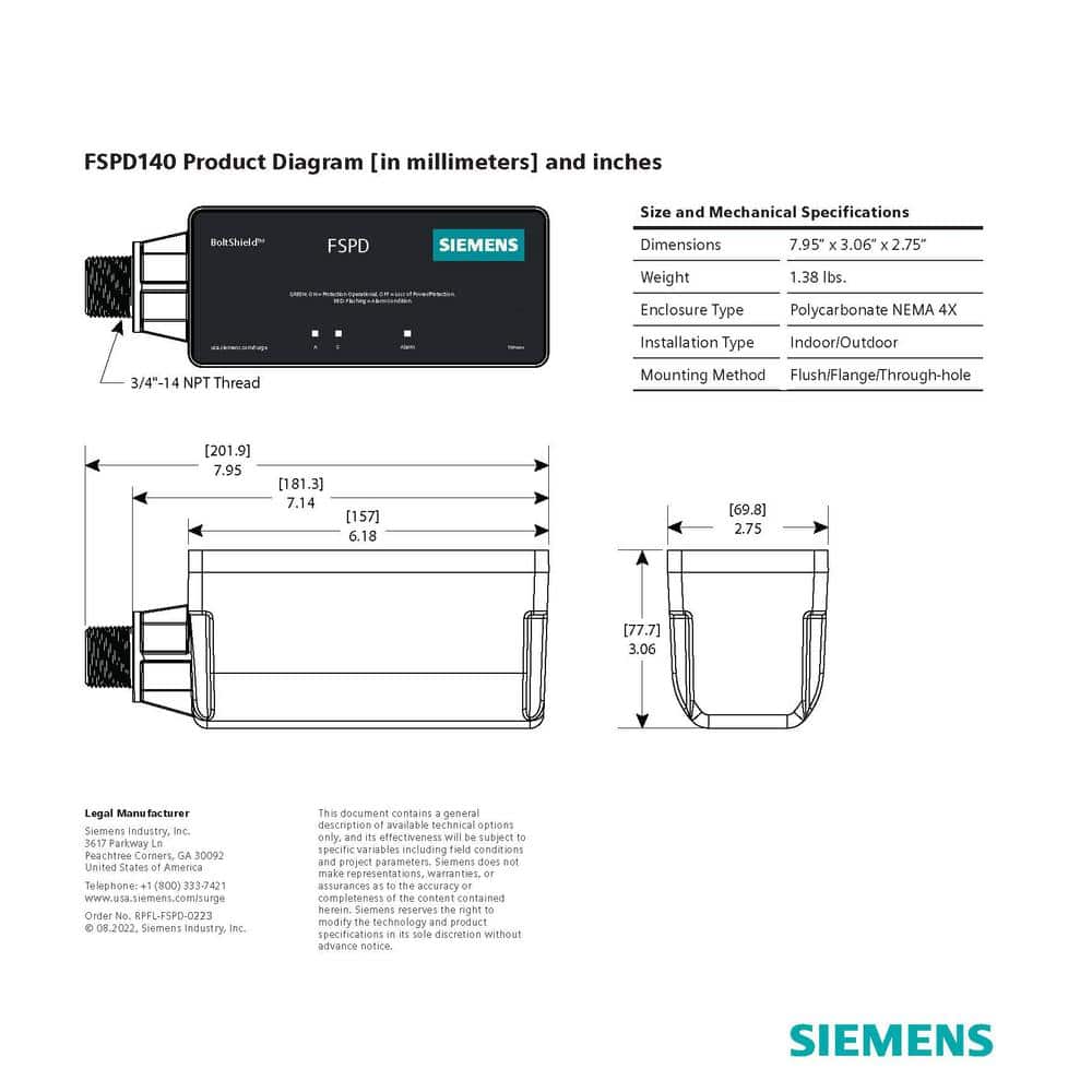Siemens Boltshield 140kA Single-Phase Type 2 Surge Protective Device, model FSPD140, wiring diagram