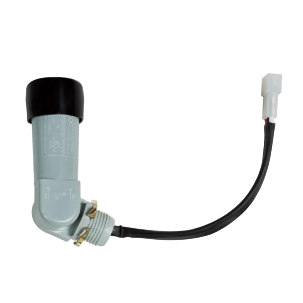 Right-angle photocell with a black sensor cap, gray body and wired plug connector