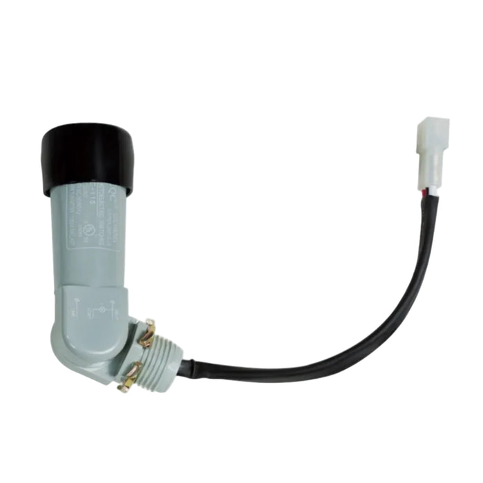 Right-angle photocell with a black sensor cap, gray body and wired plug connector