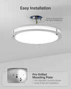 Installation is simple and quick. The fixture includes a built-in ground wire for safe setup, and a pre-drilled mounting plate that fits standard junction boxes.
