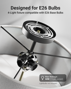 Inside view highlights E26-compatible 4-socket assembly and max 60W rating; bulbs not included